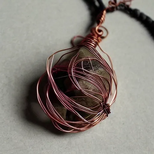 Image similar to beautiful but simple amulet made from equal parts bright sandstone and dark sandstone, bound together by copper wire and representing powerful love