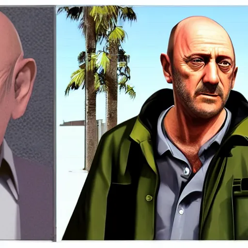 Image similar to Jonathan Banks aka Mike Ehrmantraut from Better Call Saul as a GTA character portrait, Grand Theft Auto, GTA cover art