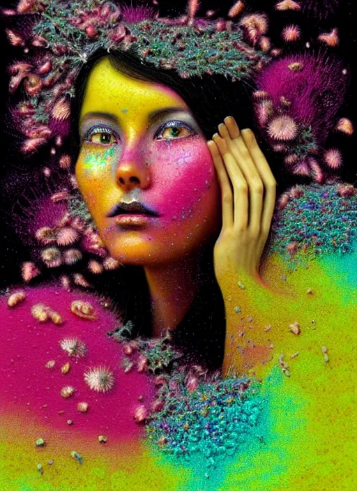 Image similar to hyper detailed 3d render like a Oil painting - black haired girl in mascara seen Eating of the Strangling network of colorful yellowcake and aerochrome and milky Fruit and Her delicate Hands hold of gossamer polyp blossoms bring iridescent fungal flowers whose spores black the foolish stars by Jacek Yerka, Mariusz Lewandowski, Houdini algorithmic generative render, Abstract brush strokes, Masterpiece, Edward Hopper and James Gilleard, Zdzislaw Beksinski, Mark Ryden, Wolfgang Lettl, Dan Hiller, hints of Yayoi Kasuma, octane render, 8k