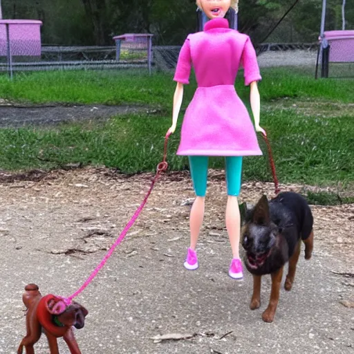 Prompt: barbie walking her dog in an abandoned amusement park