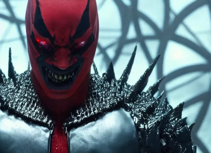 Image similar to film still of michael b jordan as spawn in the new spawn movie, giant chains, large cape, 8 k