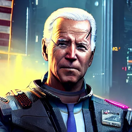 Image similar to joe biden as a cyborg in cyberpunk 2 0 7 7, technological, movie footage, high - tech, still frame