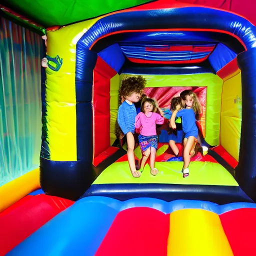 Image similar to a darkly lit indoor children's bounce house photo taken with a deposable camera limital space