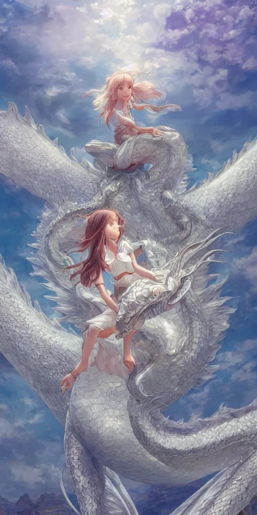 Image similar to the beautiful hyper detailed scene render that a beautiful princess sitting on the back of a huge silver white dragon alone in fairyland surrounded by white clouds, finely detailed angelic face delicate features, style of studio ghibli, makoto shinkai, raphael lacoste, louis comfort tiffany, artgerm, james jean, ross tran, animation style, hd, ultra wide angle