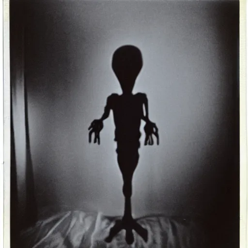 Prompt: polaroid photograph of an alien standing at the end of a bed in a dark room, 1 9 5 0 s