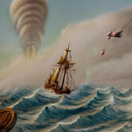 Image similar to a painting of a wooden sailing ship being attacked by flying saucers in the arctic, intricate, detailed