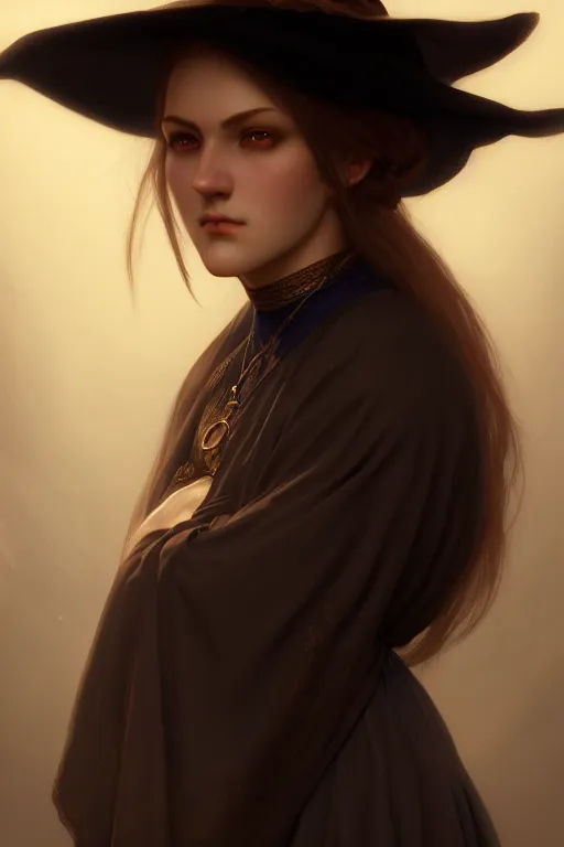 Image similar to a portrait of a witch, bored, illustration, soft lighting, soft details, painting oil on canvas by Edmund Blair Leighton and Charlie Bowater octane render trending on artstation d&d characters, 4k, 8k, HD