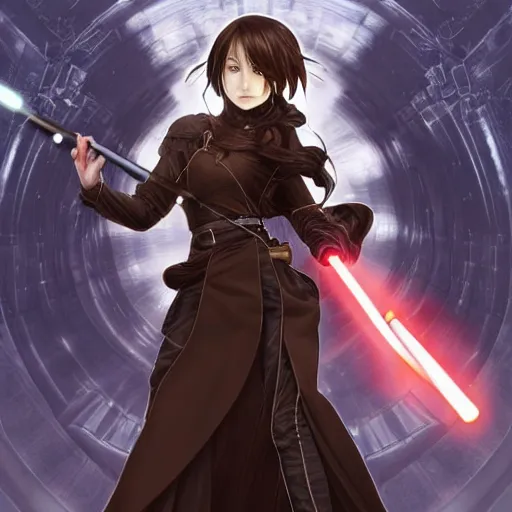 Prompt: a female Kazuto Kirigaya Kirito as young woman with brown long hair and bangs and wearing a long black coat breast-armor showing through, with light-saber, face, fantasy, intricate, elegant, highly detailed drawn by Julie Bell and Fernanda Suarez and Artem Demura, face by Artgerm and Edmund Leighton, Alphonse Mucha, background by James Jean and Gustav Klimt, 4k, porcelain skin, komorebi, french nouveau, trending on pixiv, octane render, hyperrealistic