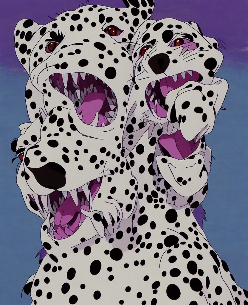 Image similar to beautiful painting from the anime film by studio ghibli, purple anthropomorphic Dalmatian, snarling, drooling, fur, by MC Escher