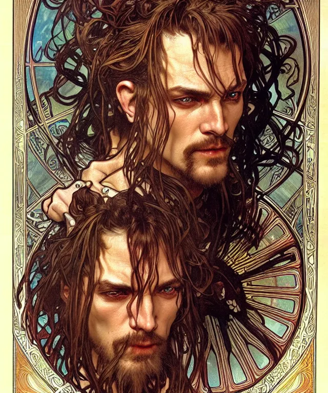 Prompt: realistic detailed face portrait of a rugged handsome wizard in ornate leather armor by alphonse mucha, ayami kojima, amano, greg hildebrandt, and mark brooks, male, masculine, art nouveau, neo - gothic, gothic, character concept design