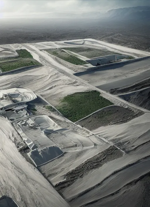 Image similar to bioremediation white architecture high tech, in the mining tailings of chuquicamata, epic, cinematic, hyperealistic, high detailed, corona render, hdr, ray tracing