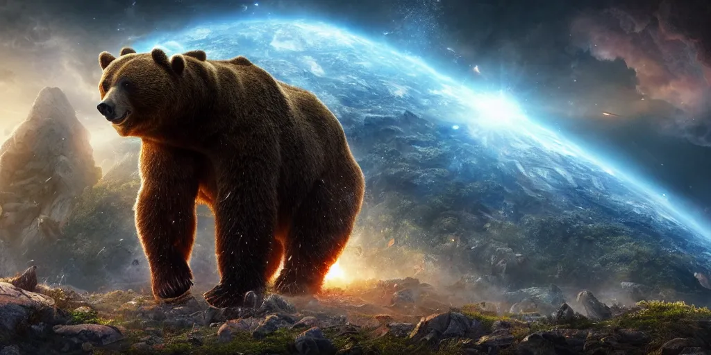 Image similar to Earth being destroyed by a planet sized bear, realistic 4k octane beautifully detailed render, 4k post-processing, highly detailed, intricate complexity, epic composition, magical atmosphere, cinematic lighting, masterpiece, ultra hd