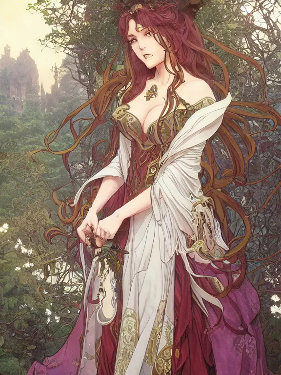 Image similar to anime key visual of amora the enchantress wearing a medieval gown!! intricate, magical forest, stunning, highly detailed, digital painting, artstation, smooth, hard focus, illustration, art by artgerm and greg rutkowski and alphonse mucha