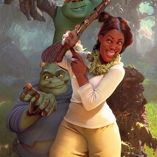 Image similar to shrek in joe rogan podcast, brown skin, highly detailed, digital painting, artstation, concept art, smooth, sharp focus, illustration, art by artgerm and greg rutkowski and alphonse mucha