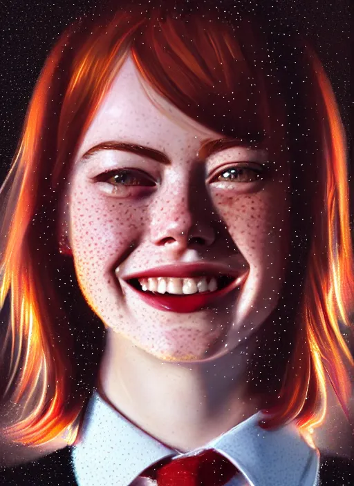 Image similar to portrait of teenage emma stone, freckles, middle part haircut, ginger hair, white shirt and red tie, smiling kindly, friendly, 1 9 7 0 s, intricate, elegant, glowing lights, highly detailed, digital painting, artstation, concept art, smooth, sharp focus, illustration, art by wlop, mars ravelo and greg rutkowski