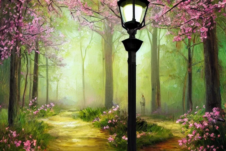 Prompt: vintage iron lamp post in the forest in the spring. Cinematic, flowers, hiking trail. Intricately detailed oil painting