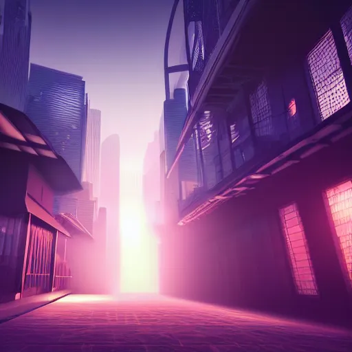 Prompt: futuristic urban island city at dusk. a shadowy figure with two bright, shining eyes peers out from the shadows of an alley. cgartist. leading lines. volumetric lighting. god rays.