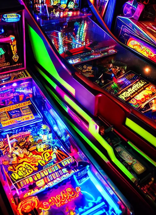Prompt: pinball machine with a cyberpunk theme, neon colored, bright lights, high quality reflections, intricate, detailed, 8 k
