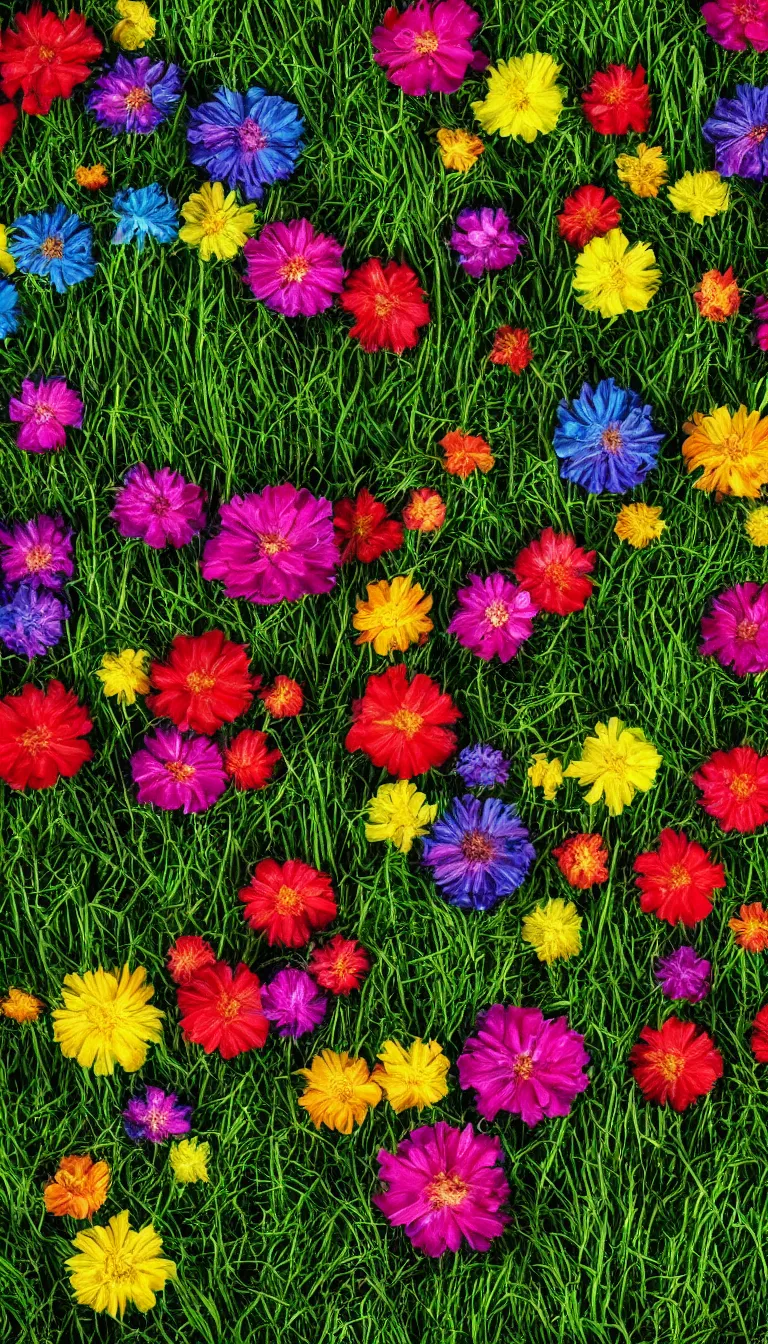 Prompt: multiple colorful small flowers lying on green grass, moody tone edit, wide angle shot, volumetric dramatic light, dark black background, sharp focus, highly realistic, octane render, art by greg rutsowski