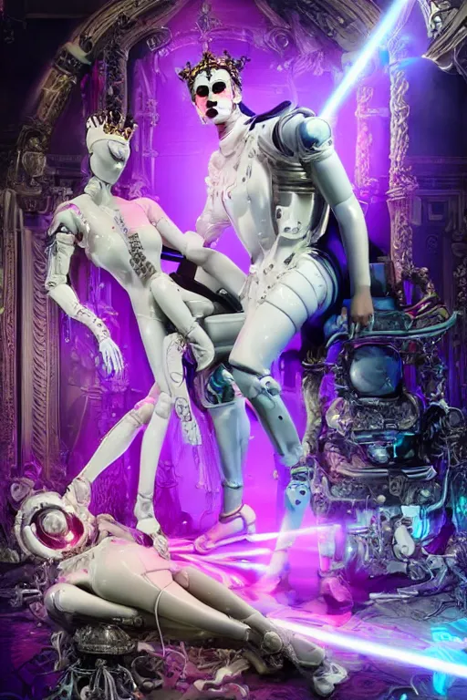 Prompt: full-body rococo and cyberpunk style neon statue of a muscular attractive Liam Payne macho dotado e rico android sim roupa reclining con las piernas abertas e la piroca dura, glowing white laser eyes, prince crown of pink gears, diamonds, swirling silver-colored silk fabric. futuristic elements. full-length view. space robots. human skulls. intricate artwork by caravaggio. Trending on artstation, octane render, cinematic lighting from the right, hyper realism, octane render, 8k, depth of field, 3D