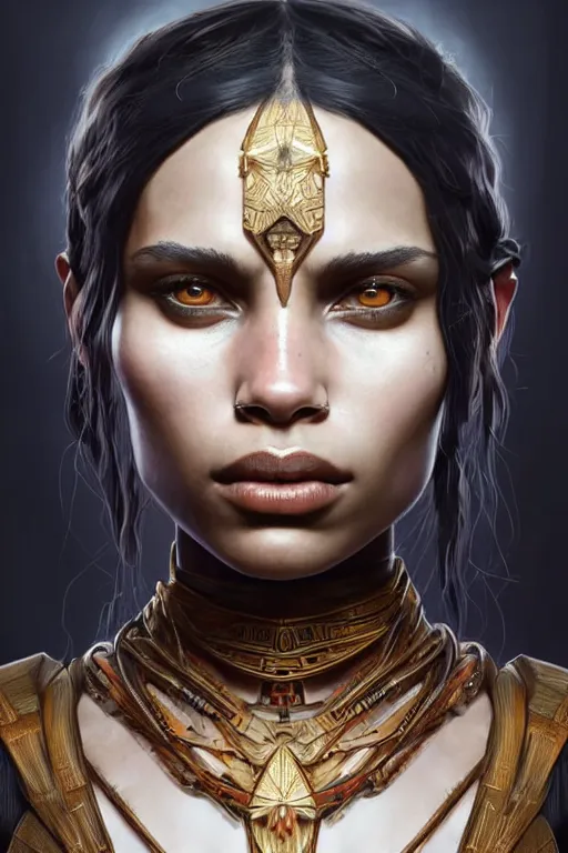 Image similar to symmetry!! portrait of zoe kravitz in the style of god of war, machine parts embedded into face, intricate, elegant, highly detailed, digital painting, artstation, concept art, smooth, sharp focus, illustration, art by artgerm and greg rutkowski and alphonse mucha, 8 k