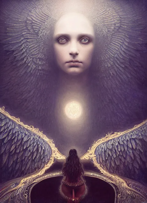 Image similar to Her huge ominous glowing blue eyes staring into my soul , perfect eyes, agostino arrivabene, WLOP, Tomasz strzalkowski, 8k portrait render, raven angel wings, beautiful lighting, dark fantasy art, rococo, gold filigree, cgsociety