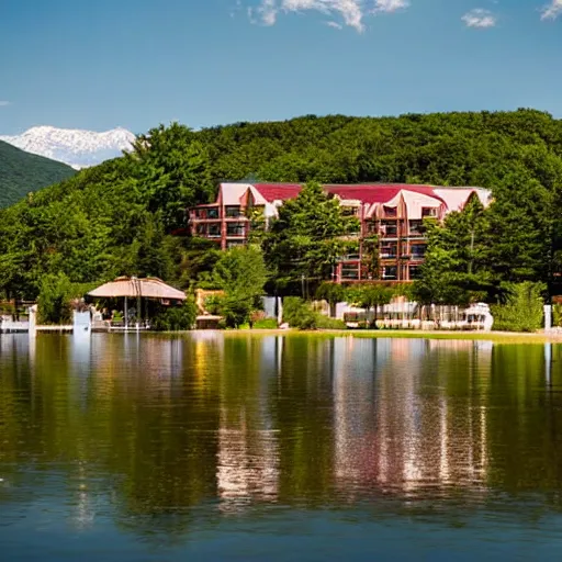 Image similar to A beautiful resort alongside a lake in Maryland. The lake also has sand surrounding it. The sun is shining and can be seen reflecting off of mountains in the distance