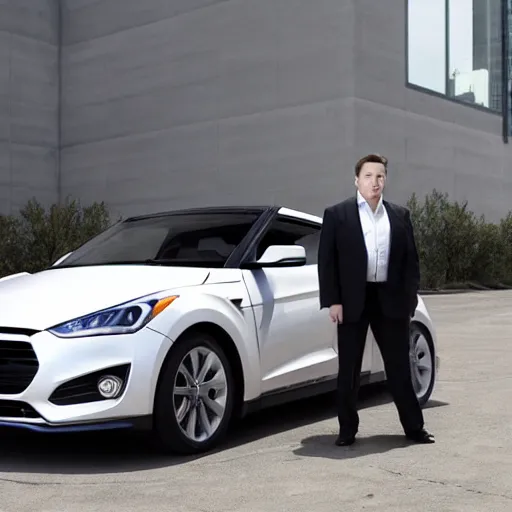 Prompt: elon musk standing next to a hyundai veloster