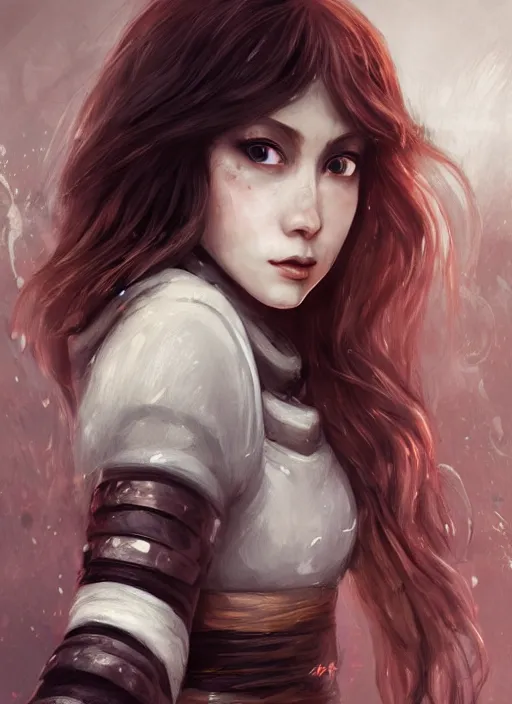 Image similar to a portrait of Nami the burglar as a real girl, wearing a traditional kunoichi dress, ginger hair, beautiful face, intricate, highly detailed, digital painting, artstation, thunderstorm on the background, matte painting, concept art, smooth, sharp focus, illustration, art by Charlie Bowater and Gustave Baumann, matte painting