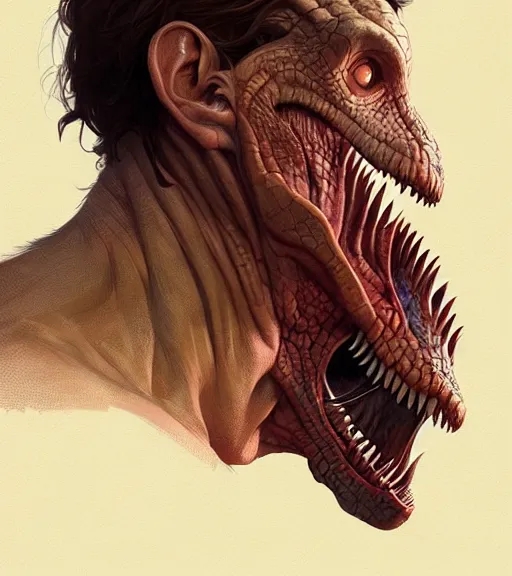 Image similar to portrait of a half man, half dinosaur man, half face revealing his dinosaur skin, highly detailed, digital painting, artstation, concept art, smooth, sharp focus, illustration, art by wlop, mucha, artgerm, and greg rutkowski