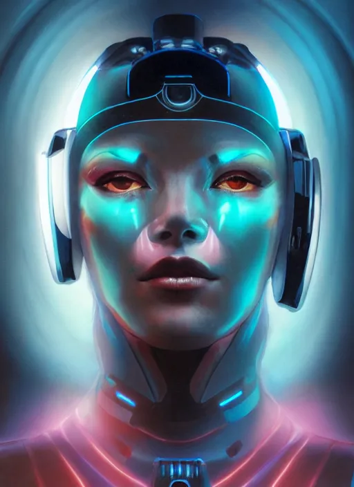 Prompt: ( symmetry ) closeup portrait of a cyborg female scientist, visor, cinematic light, backlight glow, teal orange, mist, by gerald brom, by mikhail vrubel, by peter elson, muted colors, extreme detail, trending on artstation, 8 k