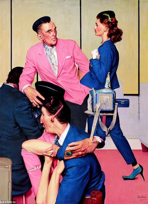 Prompt: dennis hopper berated by an air hostess in a hotel lobby, painted by norman rockwell and tom lovell and frank schoonover, pink and blue