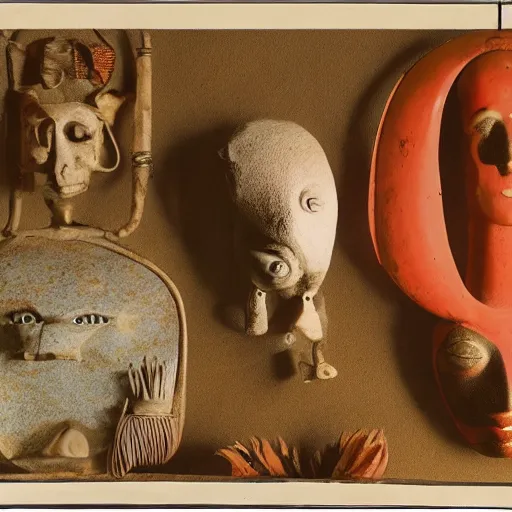 Image similar to a three color offset photography of single surrealist object on display, anthropology of wonder, ( ( ( surrealism ) ) ), exotic artifacts, colonial expedition, exhibition, 6 0 s style