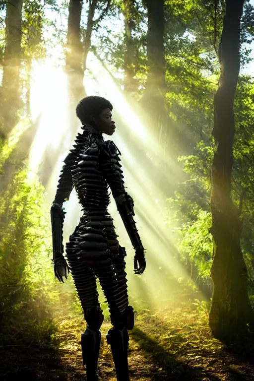 Prompt: hyperrealistic long shot gorgeous black woman intricate exoskeleton bone armor in a forest sun behind her god rays highly detailed concept art eric zener elson peter cinematic low angle hd 8k sharp rack focus