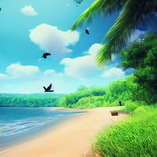Image similar to a beautiful clean digital art of a landscape with lush green pastures and a beach with birds flying in the sky with white fluffy clouds, a colorful color palette, trending on artstation, 4 k
