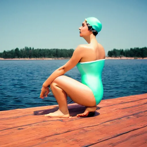 Image similar to a film photography of a woman slender, wearing a mint green one-piece swimsuit, wearing a white bathing cap, sitting on a wooden dock, low angle far shot, side profile parallel to camera, Kodak Portra 800, Kodak film photography, light film grain