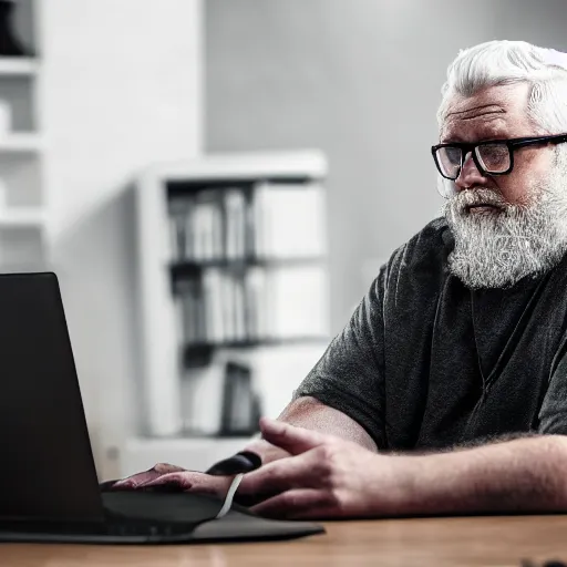 Prompt: Overweight old man with glasses and a beard and white hair playing VALORANT on his computer, wearing a headset, 4k image, photorealistic,