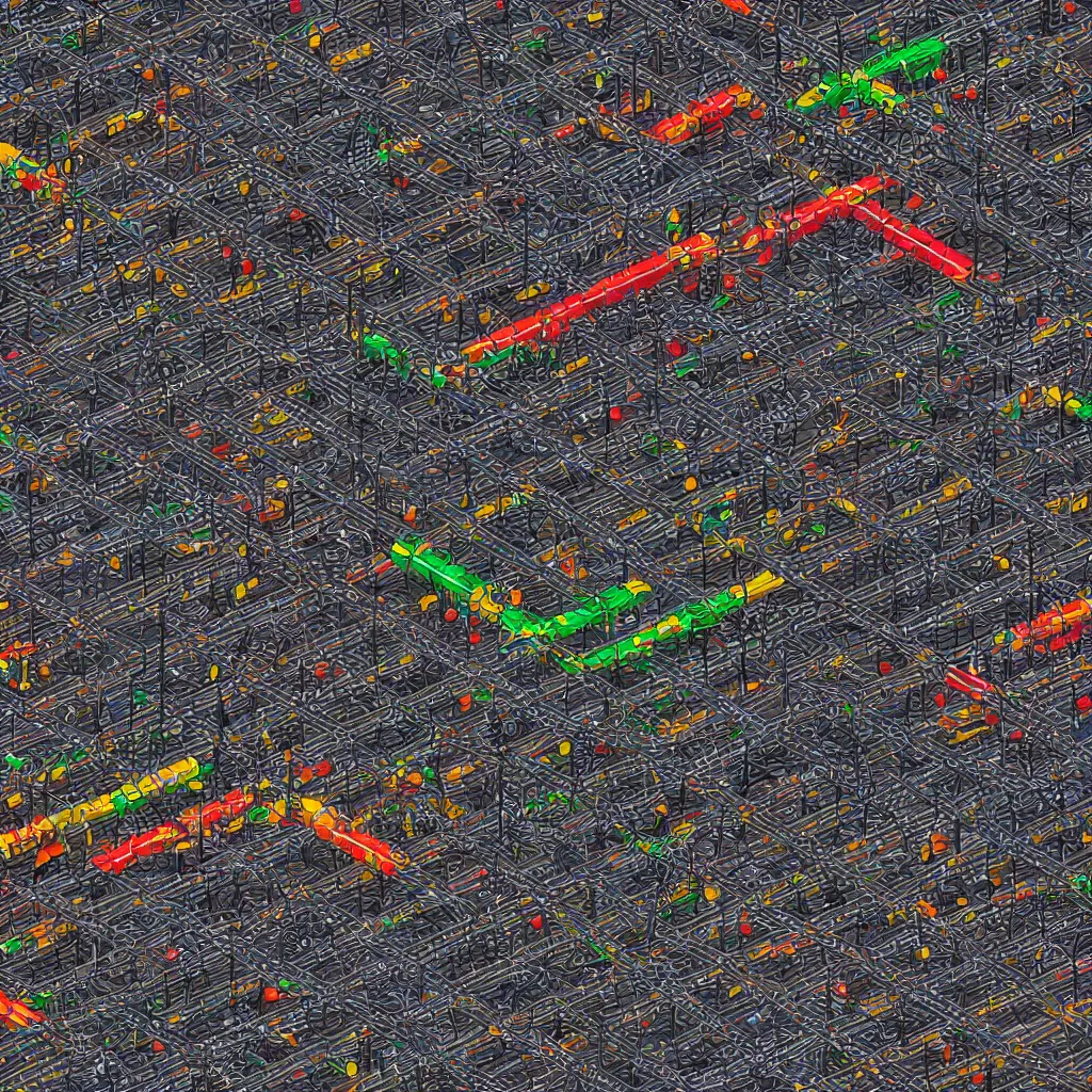 Image similar to train puzzle game. square grid of tracks. black background. top down 3 d rendered colorful trains and stations. trending on artstation. arnold render.