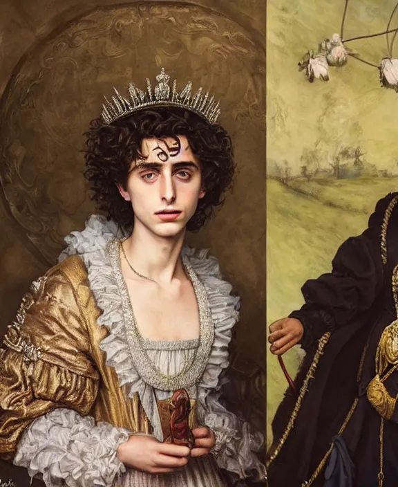 Image similar to portrait of timothee chalamet as her majesty the queen of england, art by! dream portrait of idris elba as a kansas farmer, art by william hogarth and tom bagshaw and alfred sisley, hyperrealism