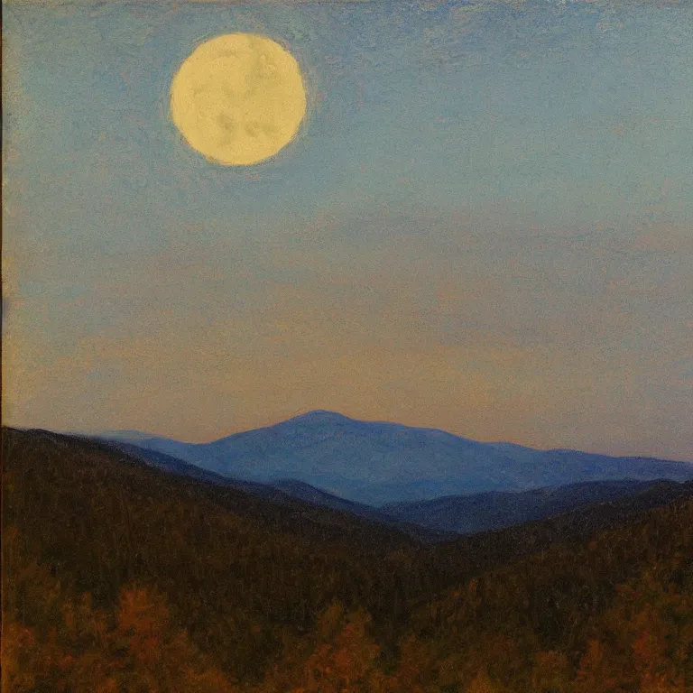 Image similar to vermont mountains, supermoon, clear sky, twilight, abbott handerson thayer oil painting, pale blue palette