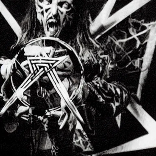 Image similar to a nu-metal musician using a pentagram to conjure the lord of metal music. Horror film production photo from the 1990s.