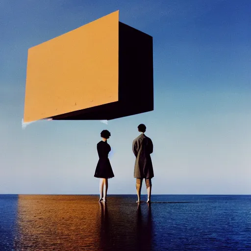 Prompt: a photo of a cinematic beautiful closeup moment of lovers saying goodbye standing on top of a massive complex Non-Euclidean clay building floating in the ocean, vintage photo, Aubrey Powell, beautiful cinematography, blue sky, surreal, film grain, symmetrical, James Turrell