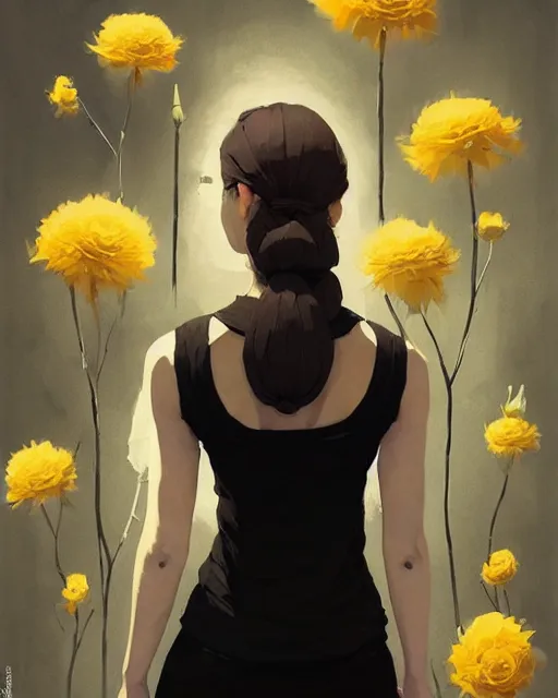 Image similar to cottagecore hyper - realistic portrait of a woman in black sleeveless t - shirt, flowers, by atey ghailan, by greg rutkowski, by greg tocchini, by james gilleard, by joe fenton, by kaethe butcher, dynamic lighting, gradient light yellow, brown, blonde cream and white color scheme, grunge aesthetic