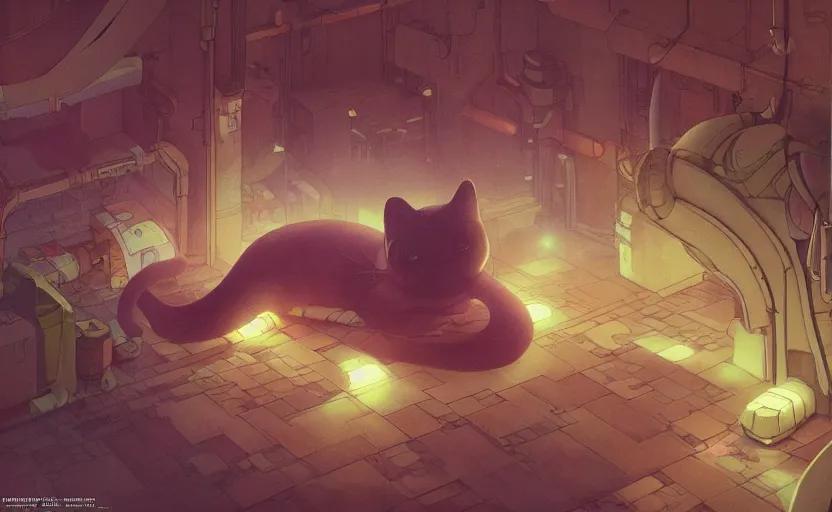 Image similar to an alien cat sleeping in a alleyway in a space opera utopian studio ghibli animated film, highly accurate cat, volumetric lighting, octane render by artgerm, alphonse mucha, loish, alena aenami, highly detailed