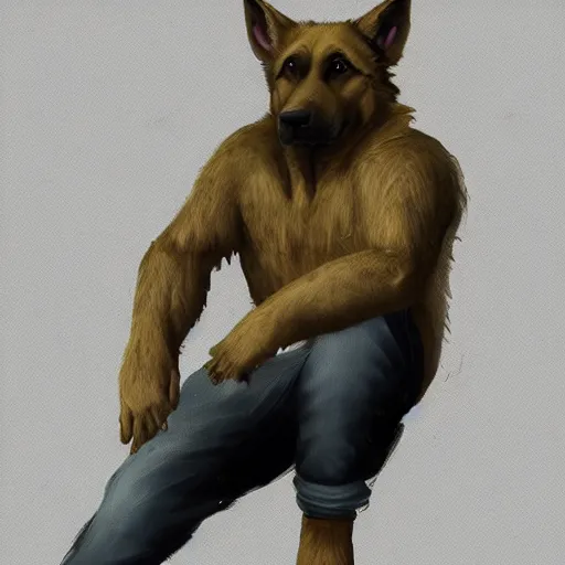 Image similar to a humanoid german shepherd beast - man, sitting on a couch and puts on jeans, artstation, concept art, smooth, sharp foccus ilustration, artstation