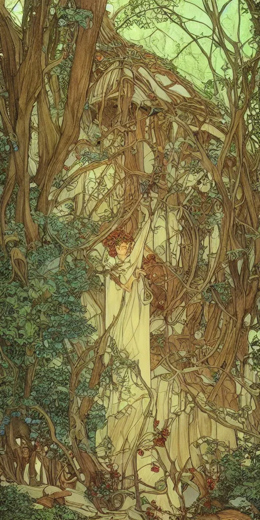 Image similar to an elvish house in the Woods, fantasy, art nouveau, architecture, fungi, daylight, warm light, spring, studio ghibli, Moebius, alphonse mucha, siya oum, ultra detailed, High definition, Sharp