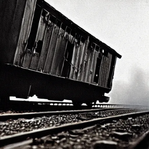 Image similar to the disembodied spirit of a dangerous railroad demon, Boxcar on the railroad, atmospheric and depressed, Cinematic, 35mm, film still from a horror movie