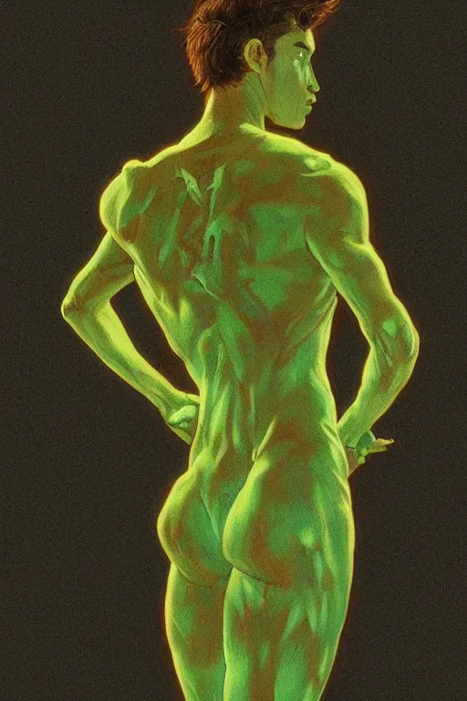 Image similar to full body shot green radio head man back view synth wave, blank lighting ultra realistic photorealistic highly detailed high quality, a stunningly, digital painting, artstation, concept art, smooth, sharp focus, illustration, art by artgerm and greg rutkowski and alphonse mucha 8 k