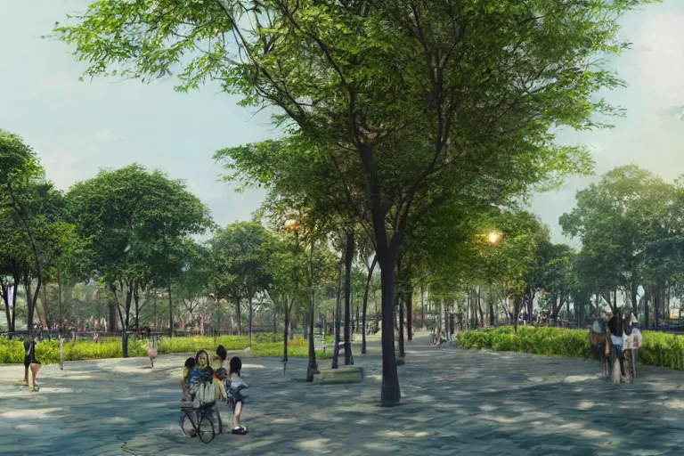 Prompt: Linear park and esplanade along Pasig River, concept art, artstation