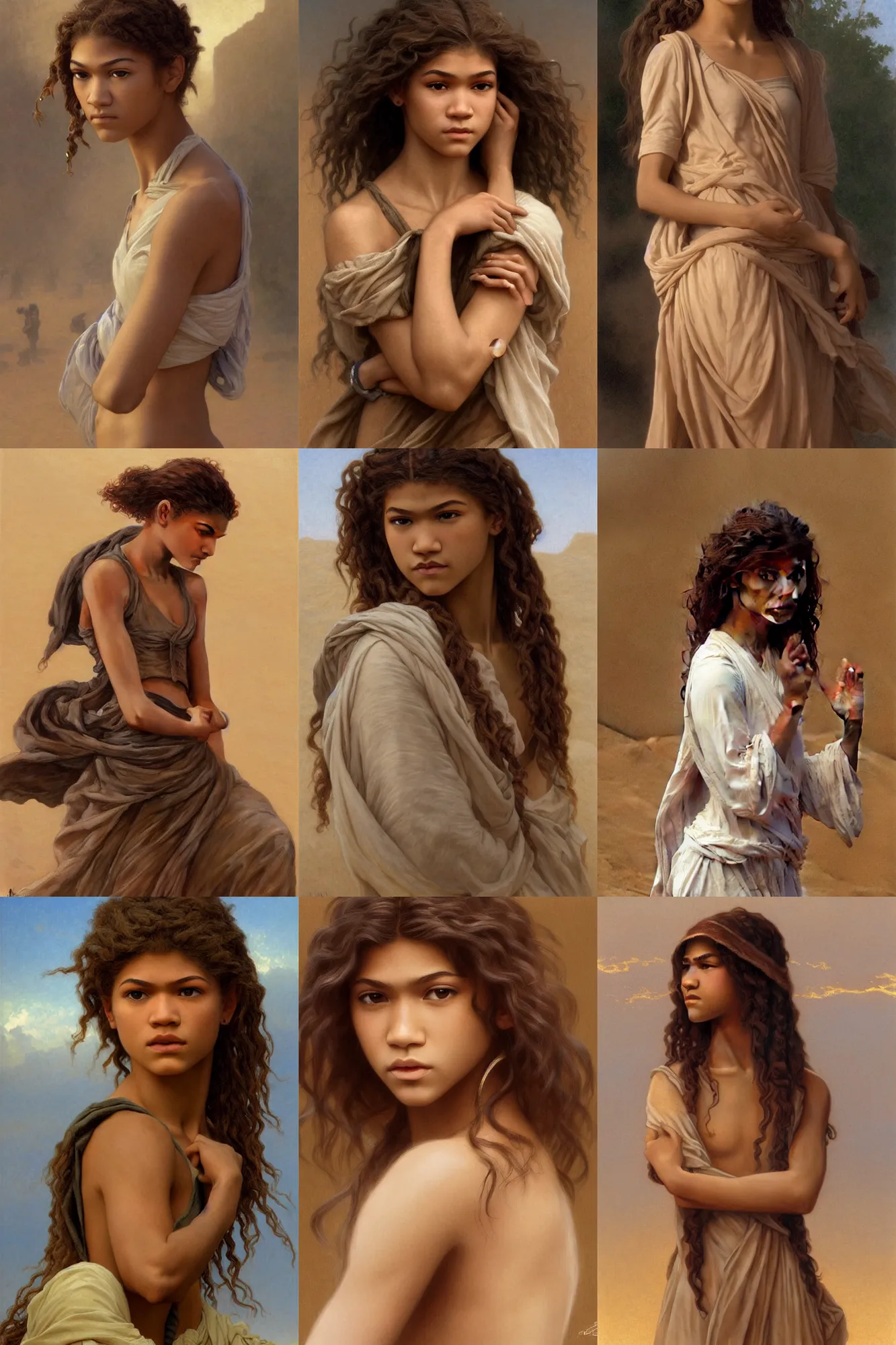 Prompt: girl Zendaya in sandstorm, photorealistic, epic light, insanely detailed in the style of William Adolphe Bouguereau, Tan skin